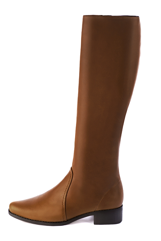 Caramel brown women's riding knee-high boots. Round toe. Low leather soles. Made to measure. Profile view - Florence KOOIJMAN